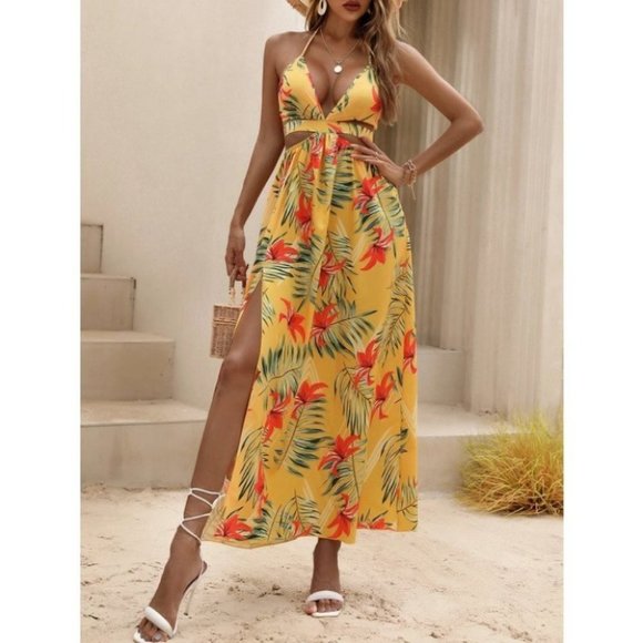 MODA ME COUTURE Dresses & Skirts - Yellow Tropical print Maxi dress with thigh slit